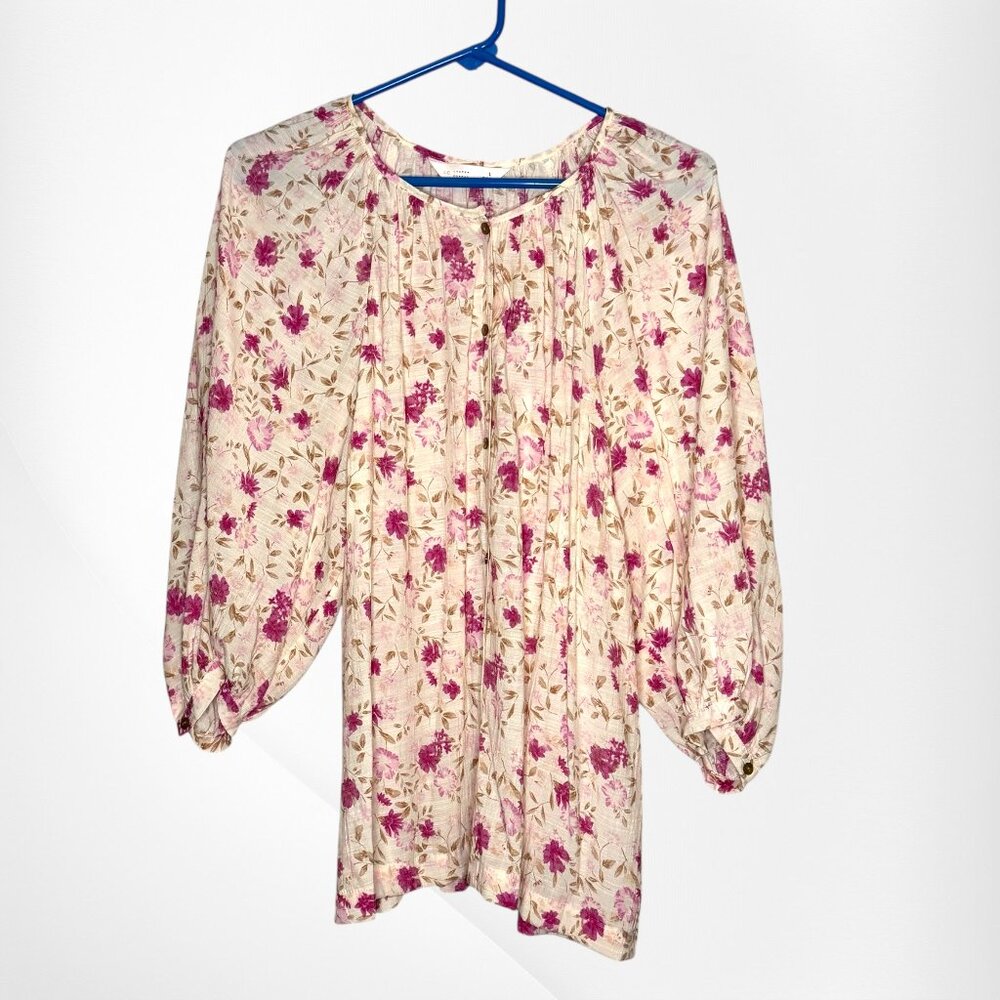Lauren Conrad Floral Pink White Brown Sheer Button Down Flowy Blouse size L
